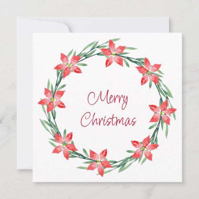 Watercolor Poinsettia Leaves Wreath Holiday Card (Front)