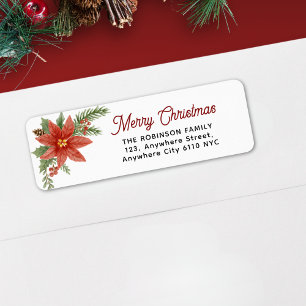 Watercolor Poinsettia Merry Christmas Holiday Return Address Label