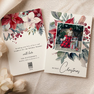 Watercolor Poinsettia Merry Christmas Photo Holiday Card