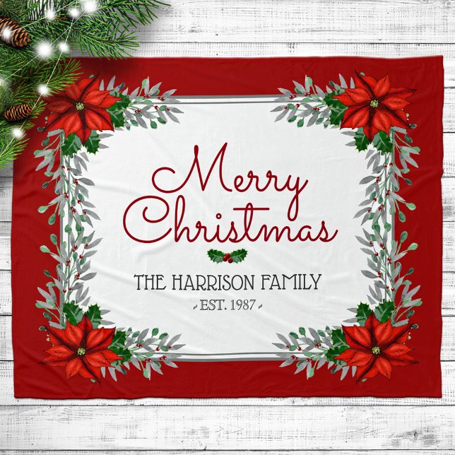 Watercolor Poinsettia Personalised Merry Christmas Fleece Blanket (Creator Uploaded)