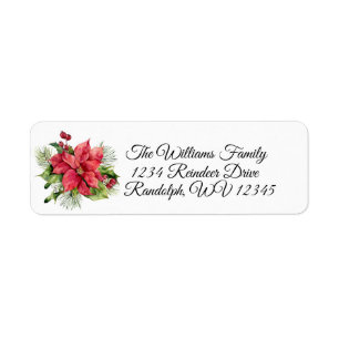 Watercolor Poinsettia, Pine and Red Berries Return Address Label