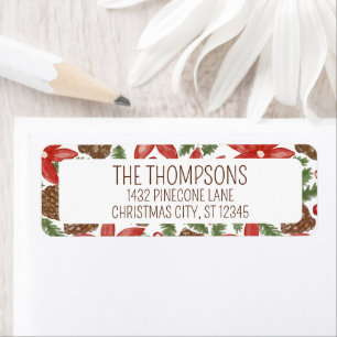 Watercolor Poinsettia & Pine Christmas Border Return Address Label