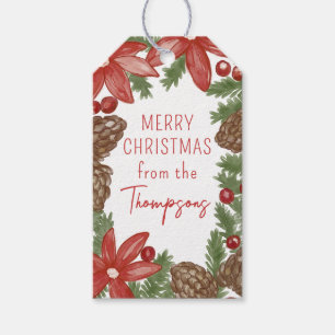 Watercolor Poinsettia & Pine Merry Christmas Gift Tags
