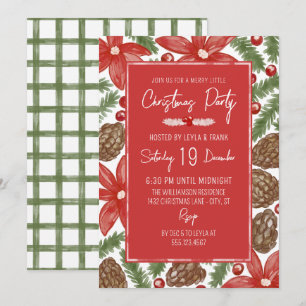 Watercolor Poinsettia & Pine Merry Christmas Party Invitation
