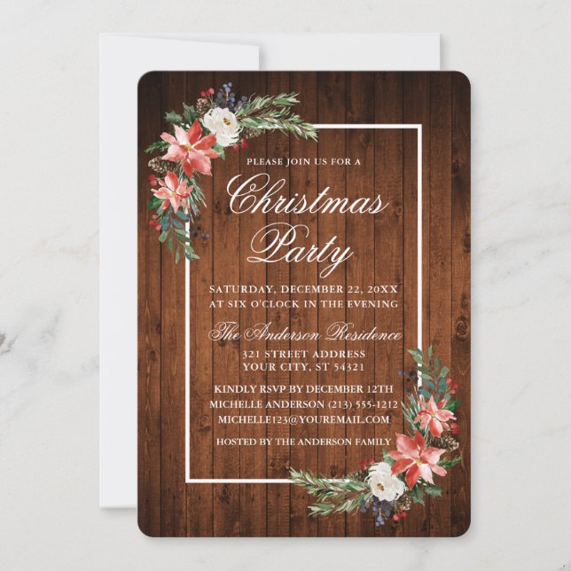 Watercolor Poinsettia Rustic Wood Christmas Party Invitation (Front)