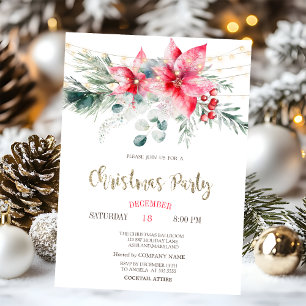 Watercolor Poinsettia Stars Lights Christmas  Invitation