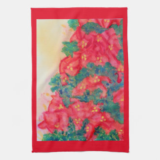 Watercolor poinsettia swag in Christmas tree Tea Towel