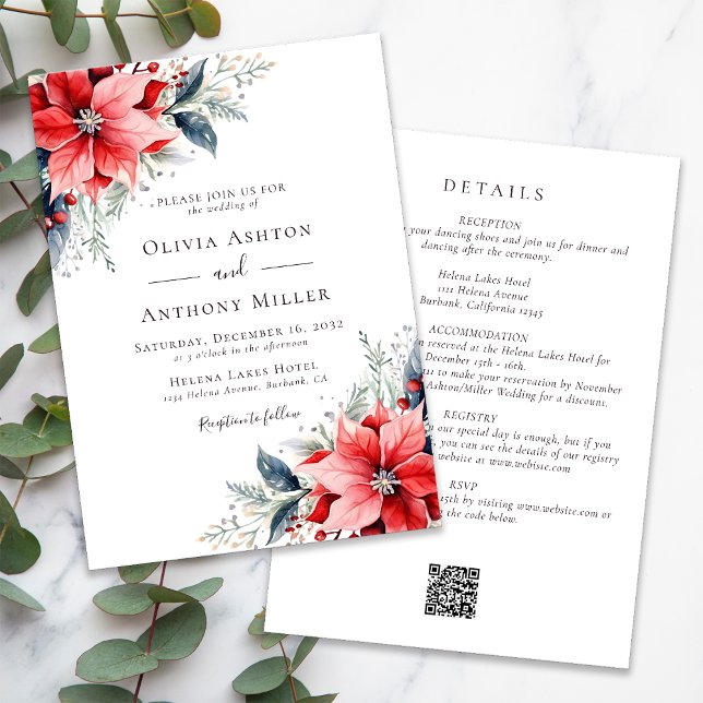 Watercolor Poinsettia Winter All in One QR Code Invitation (Creator Uploaded)