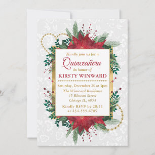 Watercolor Poinsettia Winter Christmas Quinceañera Invitation