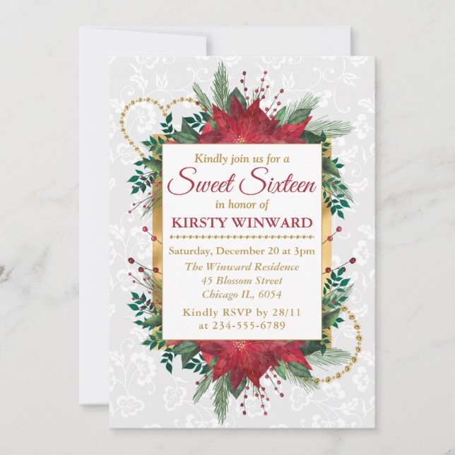 Watercolor Poinsettia Winter Christmas Sweet 16 Invitation (Front)
