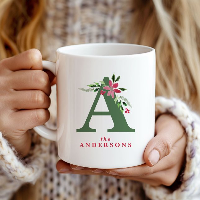 Watercolor Poinsettia & Winter Greenery Monogram Coffee Mug (Creator Uploaded)