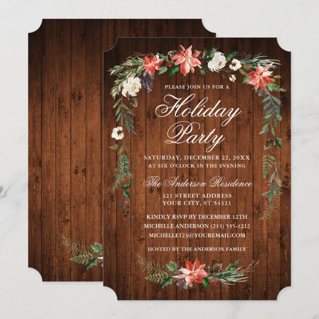 Watercolor Poinsettia Wood Holiday Party Invitation (Front/Back)