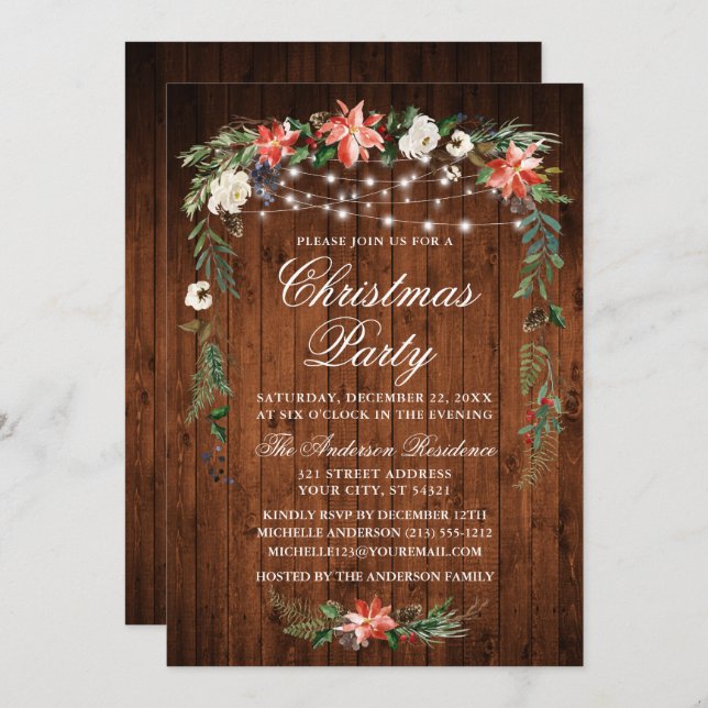 Watercolor Poinsettia Wood Lights Christmas Party Invitation (Front/Back)