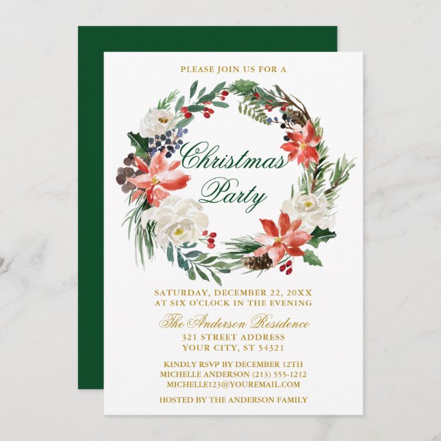 Watercolor Poinsettia Wreath Green Christmas Party Invitation (Front/Back)