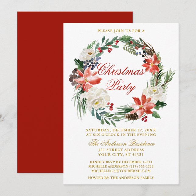 Watercolor Poinsettia Wreath Red Christmas Party Invitation (Front/Back)