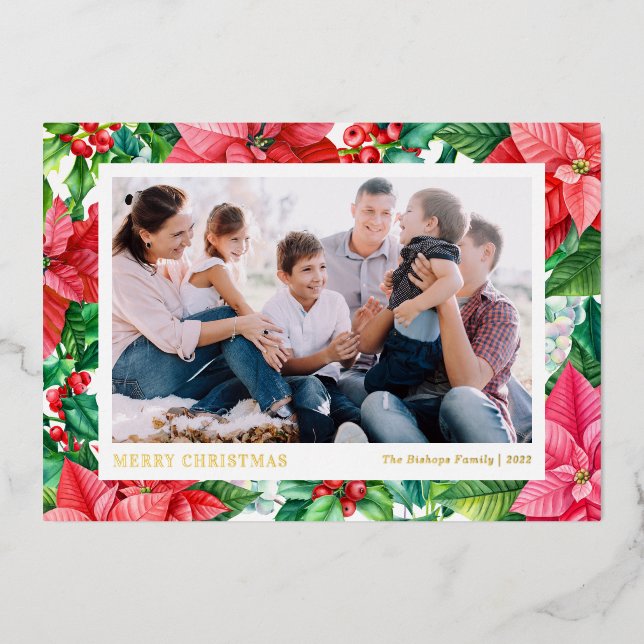 Watercolor Poinsettias and Berries Merry Christmas Foil Holiday Card (Front)