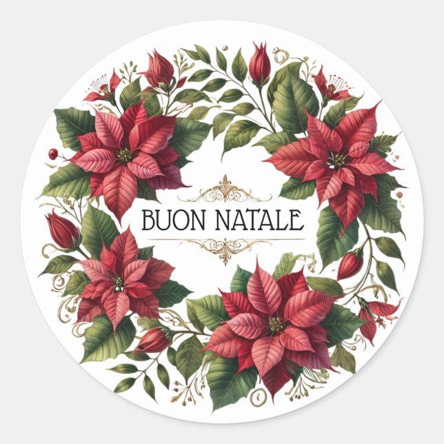 Watercolor Poinsettias "Buon Natale" Italian Classic Round Sticker (Front)
