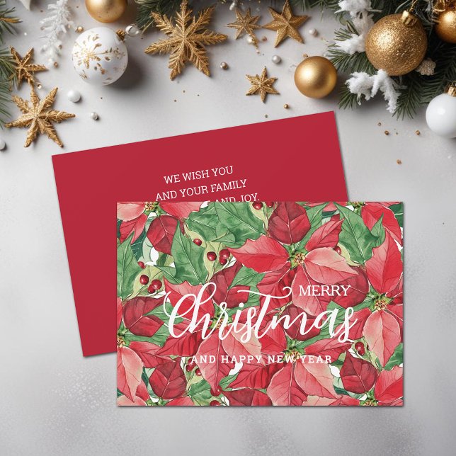 Watercolor Poinsettias Merry Christmas Holiday Card (Watercolor Poinsettias Merry Christmas Flat Holiday Greeting Cards)