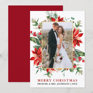 Watercolor Poinsettias Newlywed Christmas Gold Holiday Card
