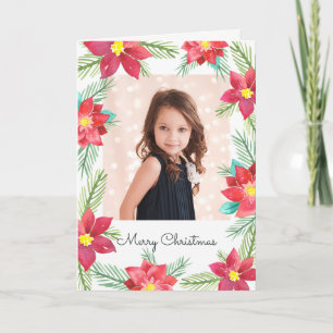Watercolor Poinsettias Photo Holiday Greeting Card