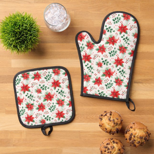 Watercolor Pointsettia Botanical Pattern Oven Mitt & Pot Holder Set (Top Down)