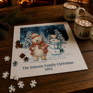 Watercolor Polar Bear and Snowman Winter Christmas Jigsaw Puzzle