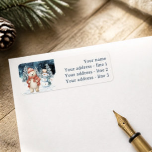 Watercolor Polar Bear and Snowman Winter Christmas Return Address Label