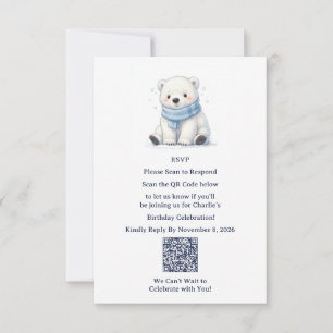 Watercolor Polar Bear Boy Winter Birthday QR Code RSVP Card