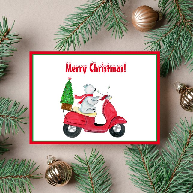 Watercolor Polar Bear Christmas Scooter Holiday Card (A Polar Bear Christmas greeting.)