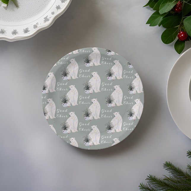 Watercolor Polar Bear Christmas Tree Pattern Paper Plate (Creator Uploaded)