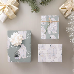 Watercolor Polar Bear Christmas Tree Pattern Wrapping Paper Sheet