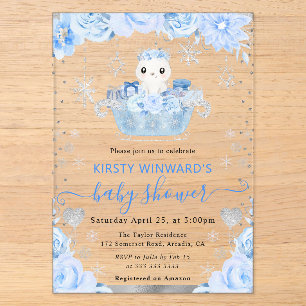Watercolor Polar Bear Floral Baby Shower Acrylic Invitations
