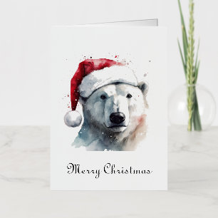 Watercolor Polar Bear Santa Hat Christmas Card