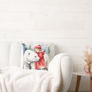 Watercolor Polar Bear With Girl Cushion