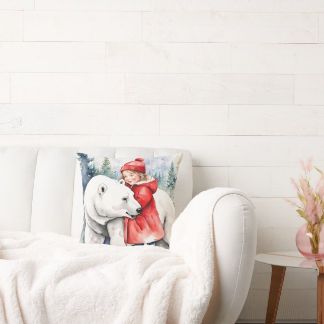 Watercolor Polar Bear With Girl Cushion (Couch)