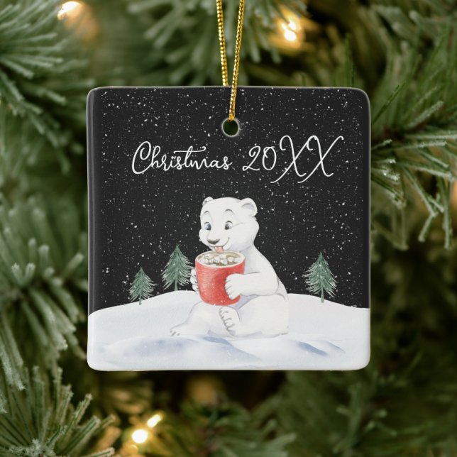 Watercolor Polar Bear With Hot Cocoa Ceramic Ornament (Tree)