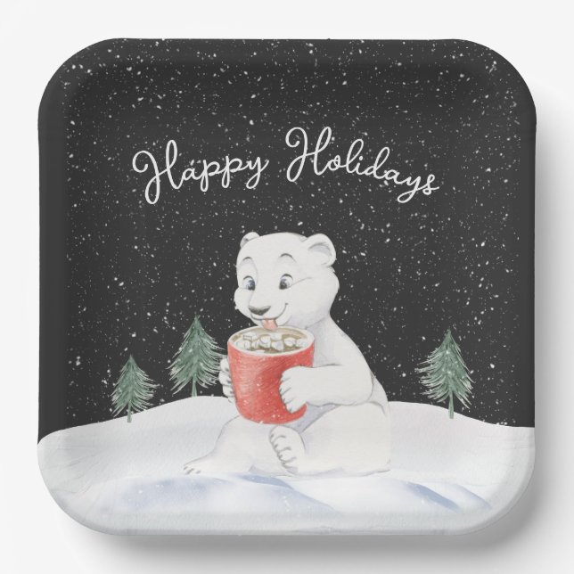 Watercolor Polar Bear With Hot Cocoa Paper Plate (Front)