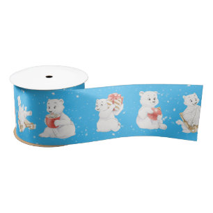 Watercolor Polar Bears In Snowflakes Satin Ribbon