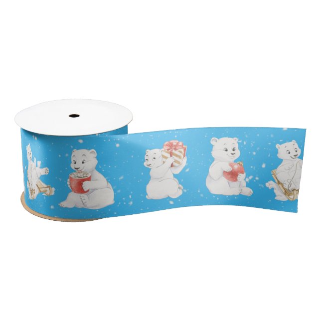 Watercolor Polar Bears In Snowflakes Satin Ribbon (Spool)