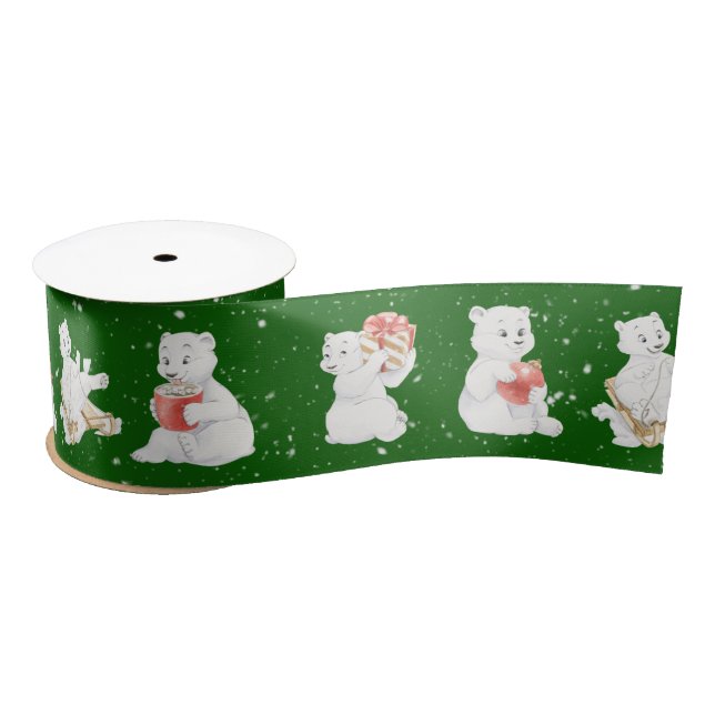 Watercolor Polar Bears In Snowflakes Satin Ribbon (Spool)