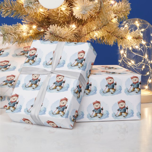 Watercolor Polar Bears Skiing On Snow Wrapping Paper (Holidays)