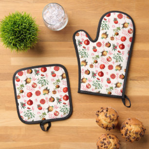 Watercolor Pomegranate Mediterranean Fruit Pattern Oven Mitt & Pot Holder Set