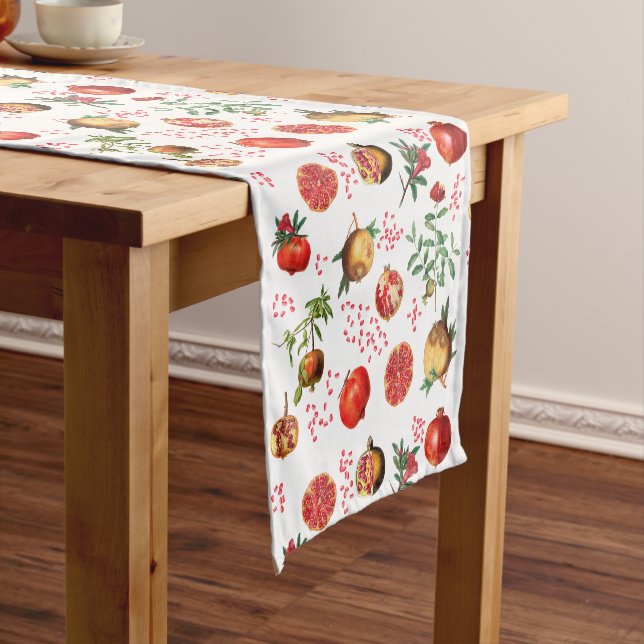 Watercolor Pomegranate Mediterranean Fruit Pattern Short Table Runner (In Situ)