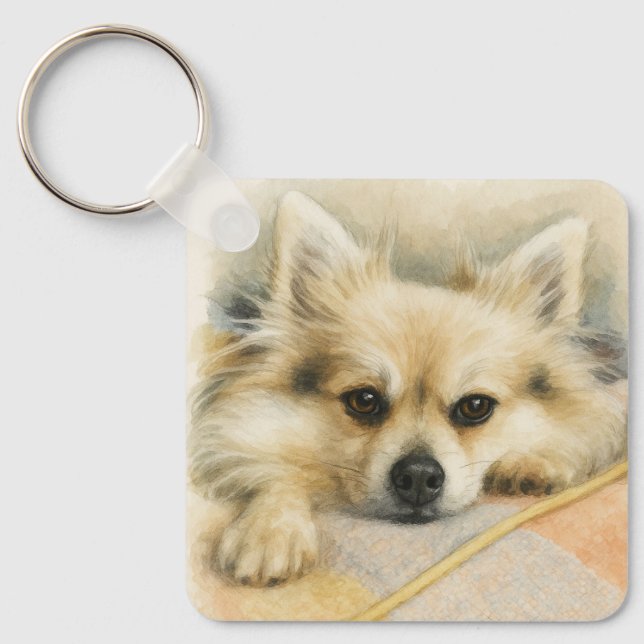 Watercolor Pomeranian Chihuahua Dog Portrait  Key Ring (Front)