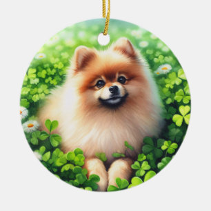 Watercolor Pomeranian Green Shamrock Field Ceramic Ornament