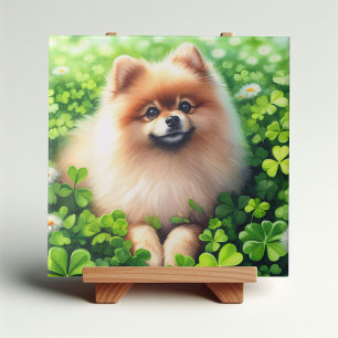 Watercolor Pomeranian Green Shamrock Field Ceramic Tile