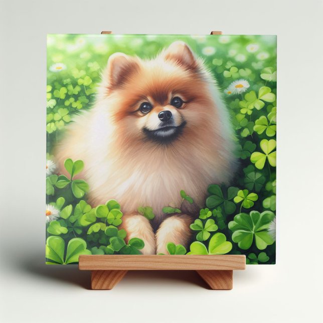 Watercolor Pomeranian Green Shamrock Field Ceramic Tile (Creator Uploaded)
