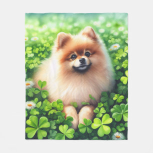 Watercolor Pomeranian Green Shamrock Field Fleece Blanket