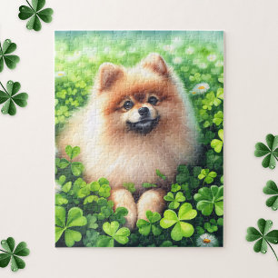 Watercolor Pomeranian Green Shamrock Field Jigsaw Puzzle