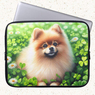 Watercolor Pomeranian Green Shamrock Field Laptop Sleeve